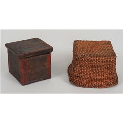Miniature Red Corner Bent Wood Box with Basketry Cover 3" L. 2 1/4" H.  Good Condition