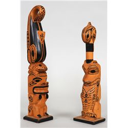 Two Totem Carved by Raymond Wesley, Whale, Bear 12" H. and Whale, Shill Bear with Fish 10" H. - Port
