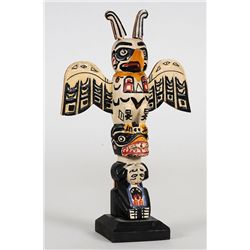 Miniature Totem Carved with Thunderbird and Bear Holding Slave ca. 1940's From the Thunder Bird Scen