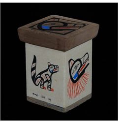 Miniature Bent Wood Box with Painted Wolf Design Marked SCK 3 1/4" H. 2 3/8" W.  Good Condition