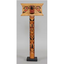 Naas River Totem with Carved Human-Raven Figure and Sea Monster by Pat McKay - Greenville, Nass Rive
