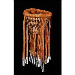 Miniature Apache Burden Basket with Tin Cones 3 1/2" D.  Fine Condition