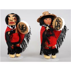 Two Haida Costume Dolls with Button Blankets and Drums 9" H.  Fine Condition