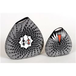 Two Acoma Pottery Seed Pods by Fred Vallo Jr. 3 1/8" H. 3 1/4" W. and 4 1/2" H. 4 3/4" W.  Fine Cond