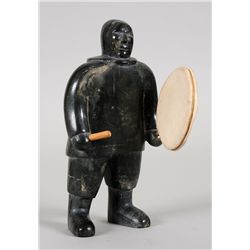 Inuit Carved Soapstone of an Inuk Drumming by D. Kilikavioyak 8" H. 4" W.  Good Condition