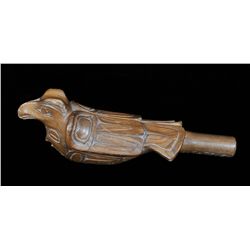 Haida Baby Raven Rattle Carved by Fred Yeltatzie 12" L.  Fair Condition with Loss to Beak