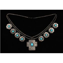 Navajo Silver and Turquoise Cross Necklace  Fine Condition