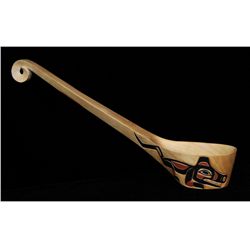 Northwest Coast Ladle Carved with Wolf and Hawk Handle Signed Clayton 15" L.  Good Condition