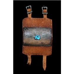 Navajo Silver and Turquoise Bow Guard (Ketoh) with Hand Tooled Leather Arm Band 4 1/2"x 5 1/2"  Good
