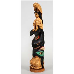 Tlingit Totem with Carved Owl, Maiden Riding a Whale and Bird 16 1/2" H.  Good Condition