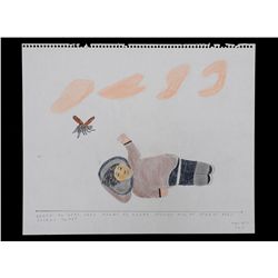 Davidialuk A. Amittu Pencil Crayon Drawing of a Woman, Mosquito and Clouds - Povungnituk 13 3/4"x 17