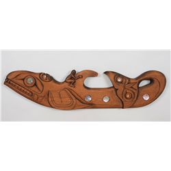 Coast Salish Cedar Panel Depicting a Killer Whale with a Human Riding on His Back 48" L. 12" W.  Goo