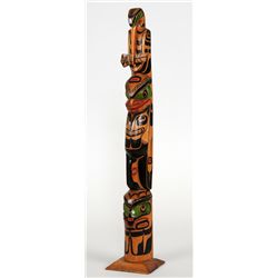 Totem Carved with Oystercatcher Holding Copper, Killer Whale and Whale Attributed to Phillip Nelson 