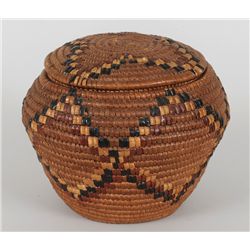 Salish Lidded Basket with Diamond Imbricated Design 8" D. 6 1/4" H.  Good Condition