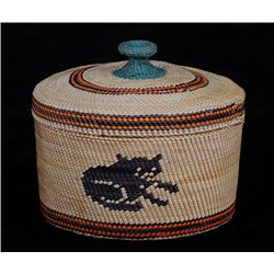 Very Finely Woven Nuu-chah-nulth Knob Top Basket with Rare Cat Design 2 3/4" D. 2" H.  Fine Conditio