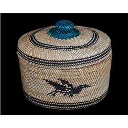 Very Finely Woven Nuu-chah-nulth Knob Top Basket with Bird Design 2 3/4" D. 2" H.  Fine Condition