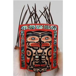 Tom Patterson Carved Raven Frontlet 6 1/4"x 7" on a White Wolf Trailer
