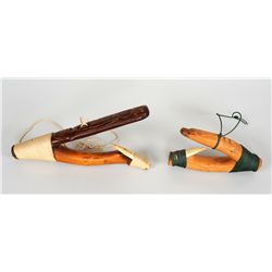 Two Halibut Hooks One with Octopus Design 10" L. and Yew Wood with Seal Design 6 1/4" L.  Good Condi