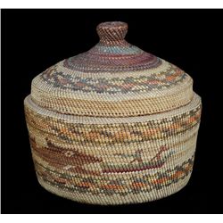 Makah Knob Top Basket with Whale Eating Whalers Motif From the Estate of Dr. Arthur Percival Procter