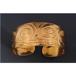 Haida Coin Gold Bracelet with Sculpin Design by Arthur Adams 1" W. 7 1/2" L.  Good Condition
