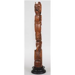 19TH. C. Makah Yew Wood Totem Depicting Raven/Human Transformation, Wolf and Shaman, Carving Attribu