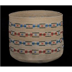 Finely Woven Attu Basket with Geometric Imbricated Design 6" D. 5" H.  Good Condition with Minor Los