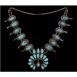 Navajo Squash Blossom Necklace with 12 Squash Blossoms and Large Naja with 17 Turquoise Insets on a 