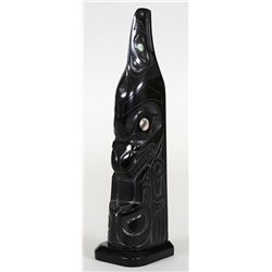 Argillite Totem Carved with Raven Spirit Emerging From Killer Whale by Ed Simeon Sr. 9 1/2" H. 2 1/4