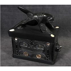 Finely Carved Argillite Box with Transformation Figure of a Man Into a Killer Whale with Sculpin on 