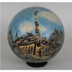 Haida Large Glass Fishing Float with Painted Totem Scene Painted by George Yeltatzie 11" D.  Good Co
