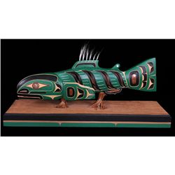 Salmon Rattle on Stand with Copper Inlay Carved by Tom Patterson 34" L. 9 1/2" W.  Fine Condition