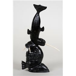 Qiatsuq Petaulassie Serpentine Carving of a Walrus and Narwhal 9 3/4" H. 4 1/4" W.  Good Condition