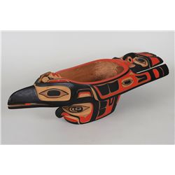 Tom Patterson Carved Haida Style Raven Bowl 23" L. 7 3/8" W. 5 1/2" H.  Good Condition