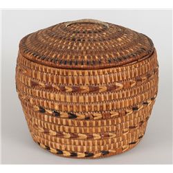 Salish Lidded Basket 8" D. 7 1/4" H.  Good Condition with Loss Near Lid