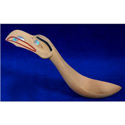 Norman Tait Carved Raven Spoon with Abalone Inlays Signed and Dated Tait 84  12 1/4" L. 3" W.  Fine 