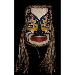 Double Killer Whale Komokwa Mask Carved by Randy Stiglitz with Cedar Bark Trim 11 1/2" H. 9" W.  Goo