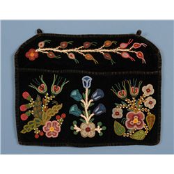 Northern Cree Beaded Wall Pocket with Floral Design on Black Velvet ca. 1900  13" W. 10 1/2" H.  Goo