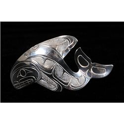 Northwest Coast Silver Incised Killer Whale Pin Marked TIH 2 3/8" L.  Fine Condition