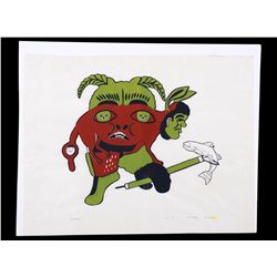 Inuit Silkscreen "Little Man with Spear" 36/45  1973  19"x 24"  Good Condition