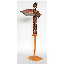 Kwak-waka-wakw Talking Stick Carved with Thunderbird and Bear Holding Salmon by Jimmy Joseph 37" H. 