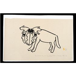 Simon Tookoome Silkscreen "Two Headed Dog Chasing Qiviuq" 1975 - Baker Lake 10 1/2"x 17 1/4"  Good C