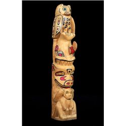 Naas River Totem Carved with Owl, Whale, Bear by Peter Noye - Canyon City, Nass River, B.C. 18 1/2" 