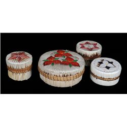 Dogwood Design Lidded Birch Bark and Quill Work Basket  ca. 1980's  3 1/4" D. 2" H. Fine Condition  