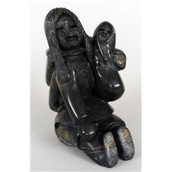 Inuit Soapstone Carving of a Mother and Child by Napachie Ashoona - Cape Dorset #6205E 7 1/4"x 4 3/4