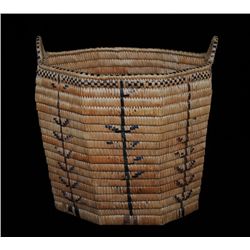 Salish Octagonal Shaped Basket with Handles and Tree of Life Design 12 1/2" H. 12 1/2" W.  Good Cond