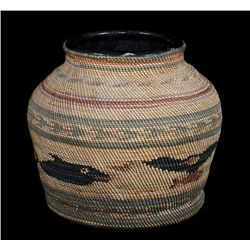 Nuuu-chah-nulth Basketry Covered Ceramic Pot with Whale and Eagle Holding Salmon 6" D. 5 1/2" H.  Go