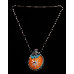 Zuni Silver Turquoise and Shell Tobacco Canteen 5" H.  Fair Condition Minor Loss