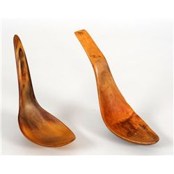 Horn Spoon and a Wood Spoon  7" L. - 9 1/2" L.  Good Condition with Split Top of Large Spoon
