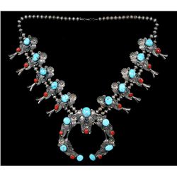 Navajo Silver and Turquoise Squash Blossom Necklace with Naja 15" L, Naja 4" W.  Good Condition