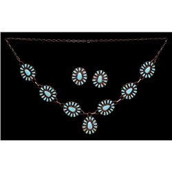 Navajo Silver and Turquoise Cluster Squash Blossom Necklace Fine Condition